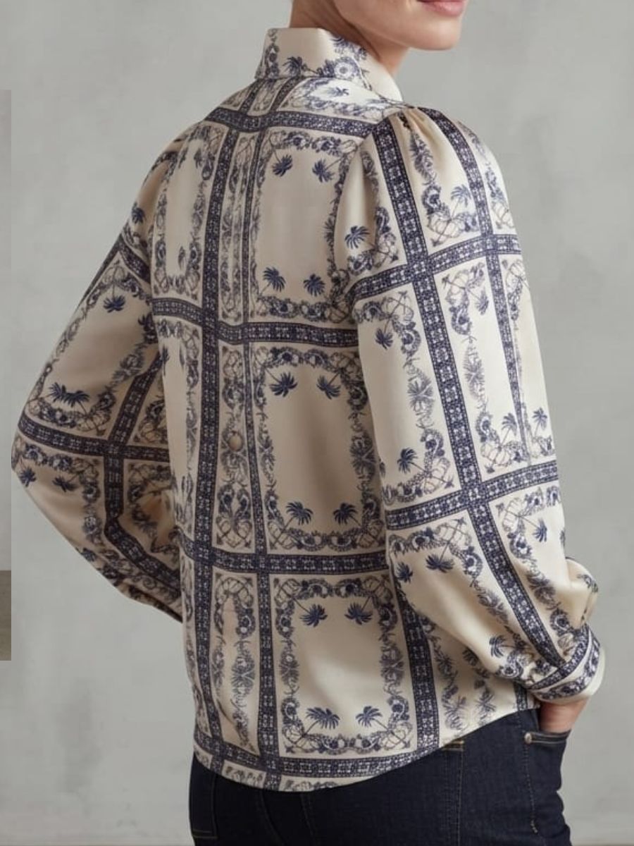 ModaFesta -blue flawer print formal satin shirt
